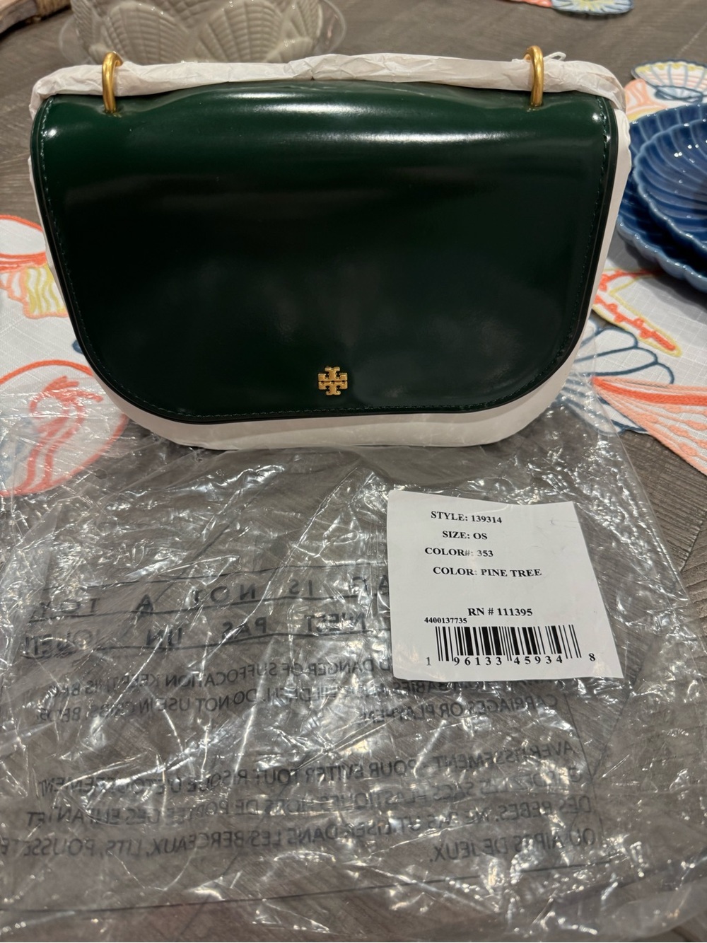 Tory Burch Pine Tree Green & White Leather Crossbody Saddle Bag